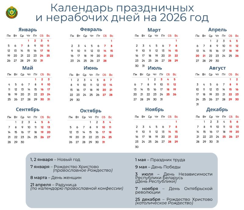 Длинные выходные в январе, апреле, мае и декабре. Как белорусы будут работать и отдыхать в 2026 году